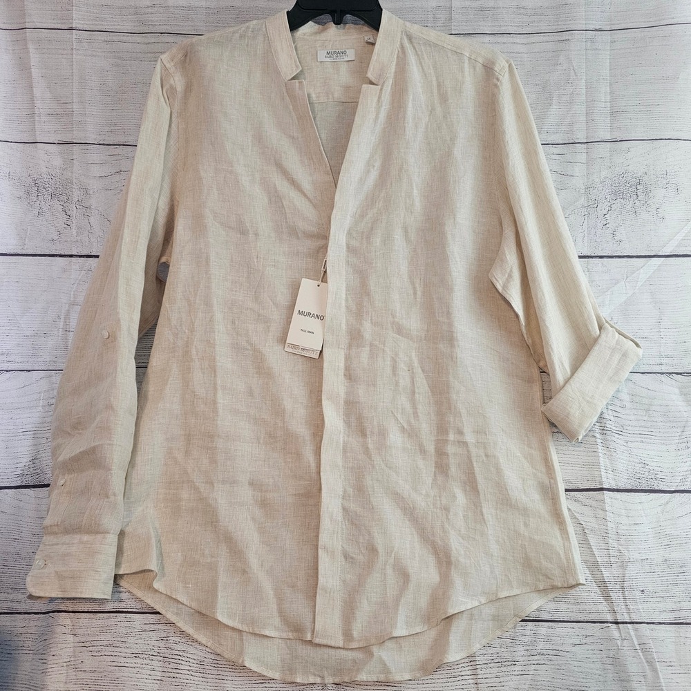 Murano Baird McNutt LT Ecru (Cream) Linen V Neck Roll-Tab Button Up NWT L966